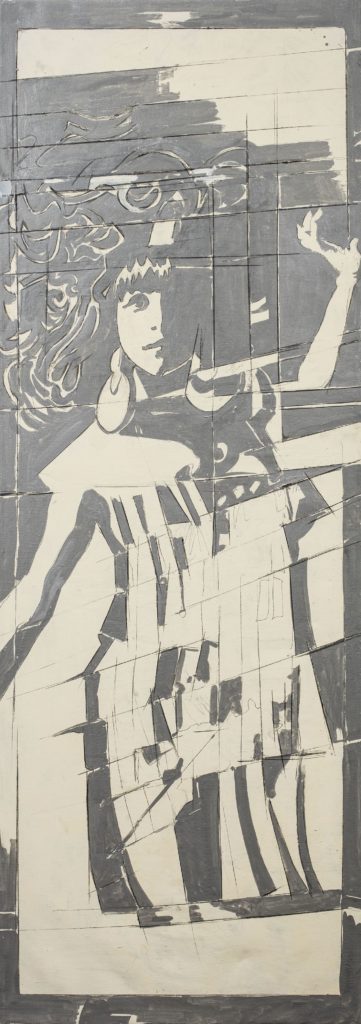 Giosetta Fioroni, Dance, 1969, matita, smalti bianco e alluminio su tela, 170x60 cm